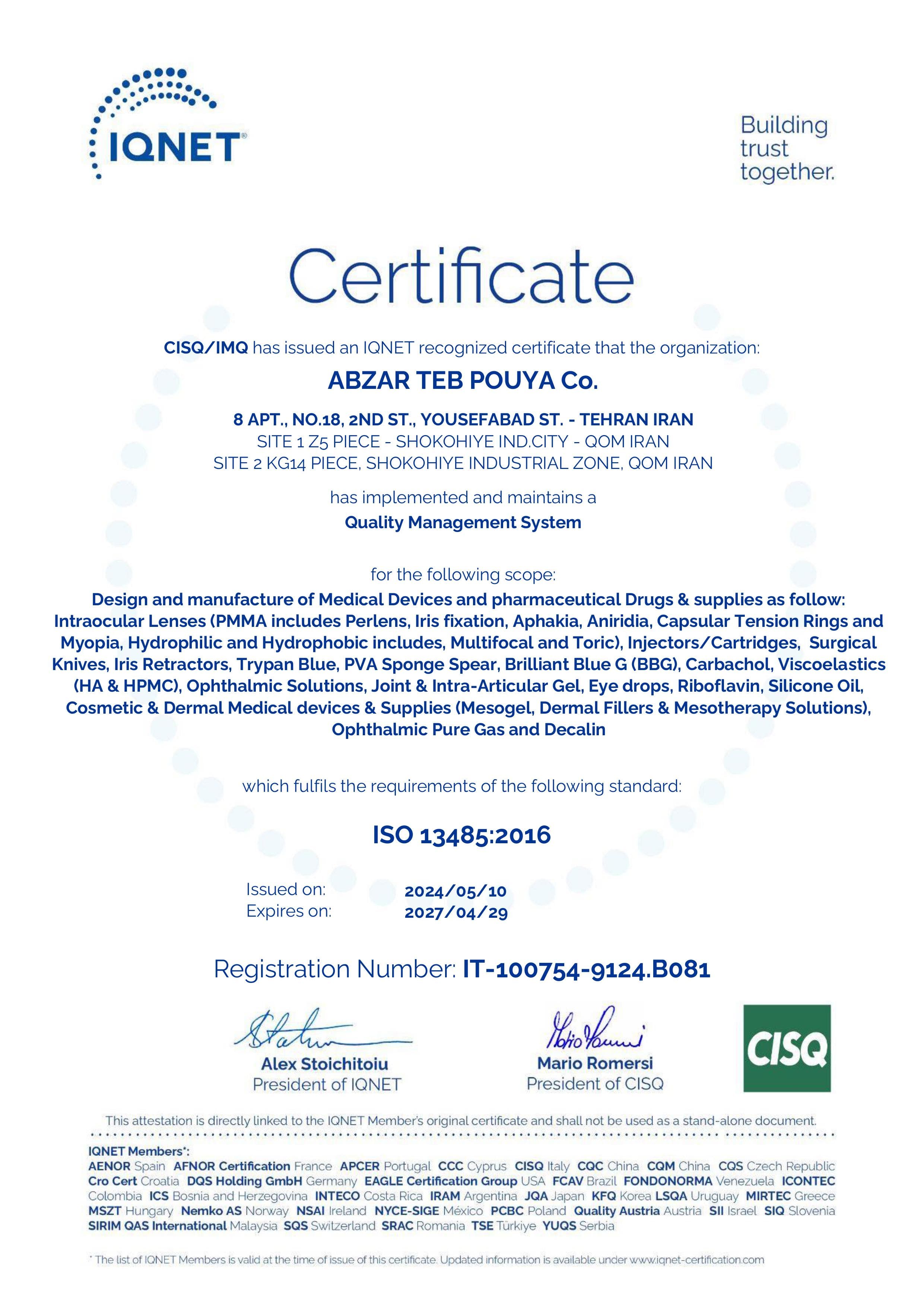 IQNET 13485-2016